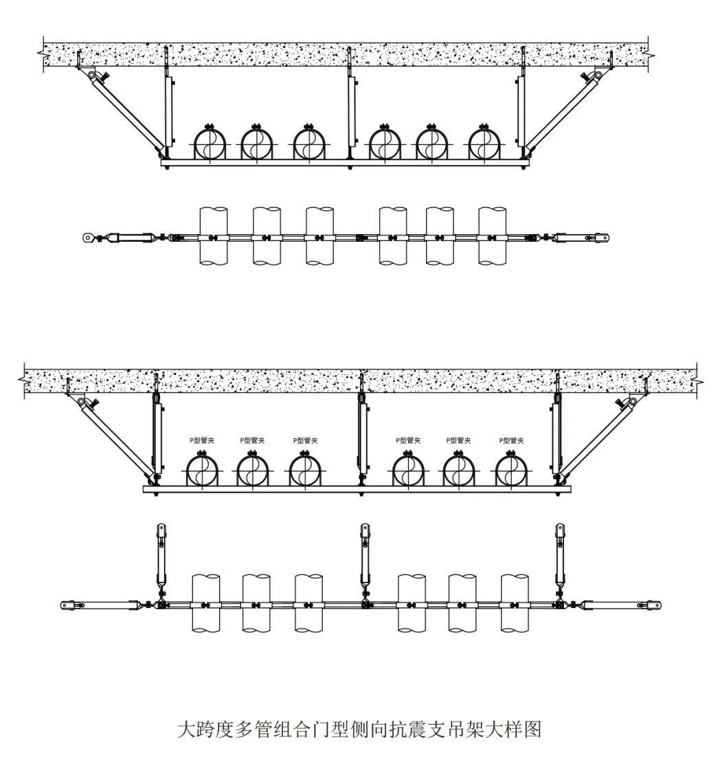 大跨度多管组合门型侧向抗震支吊架图例